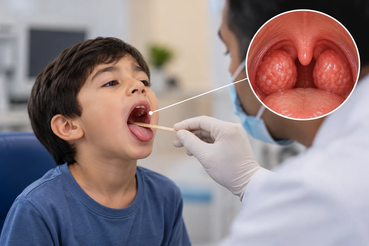 Childs Throat Examination with Inflamed Tonsils