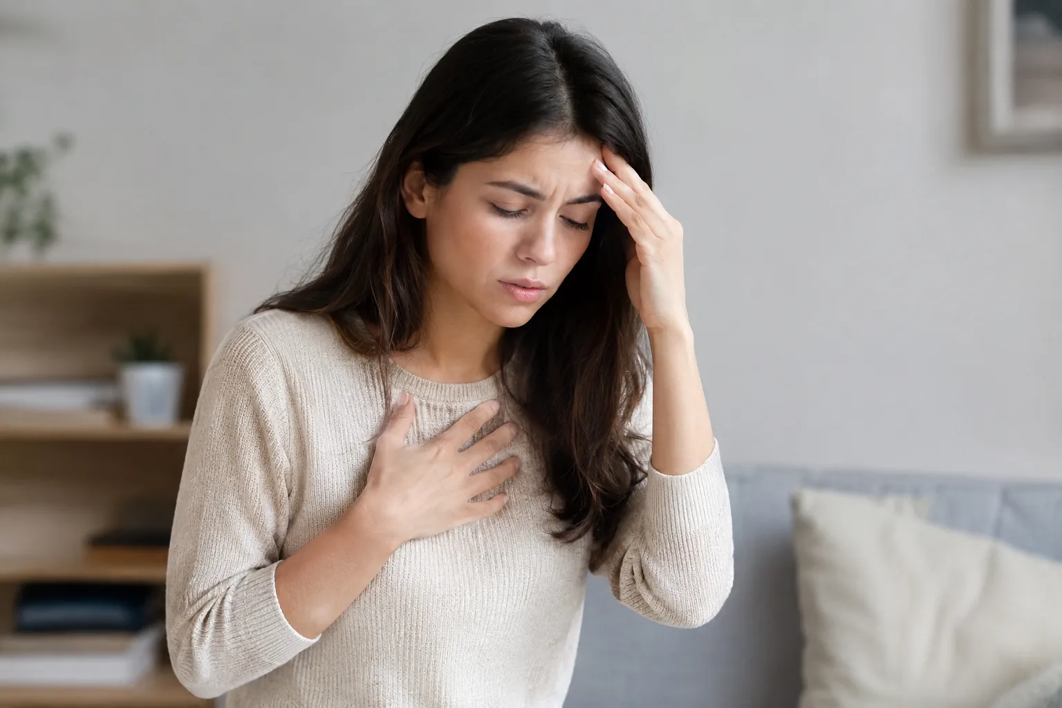Woman Experiencing Headache and Chest Discomfort