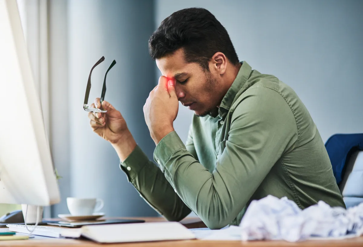 business man burnout headache with documents migraine red glow with chaos company person tired fatigue with pain mistake overtime with computer remote work from home office