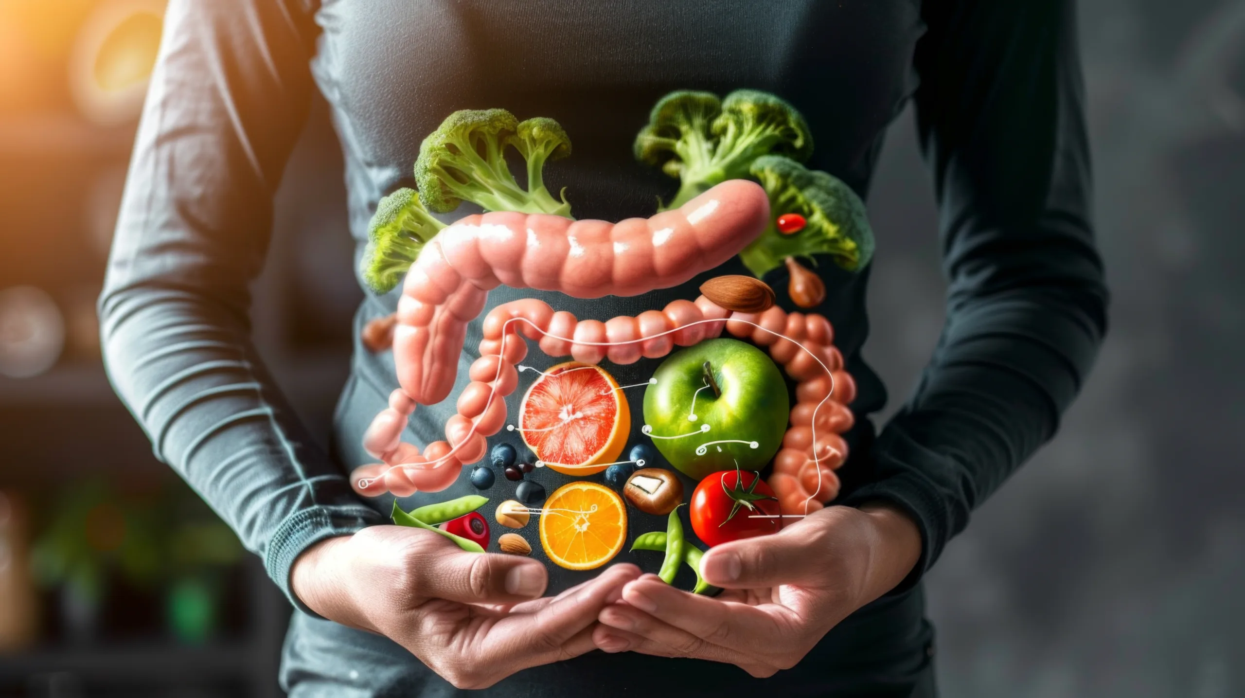 healthy gut healthy life power nutrition woman holds her hands front her abd scaled