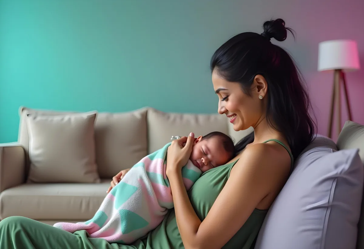 indian pregnant woman sat living room beside window