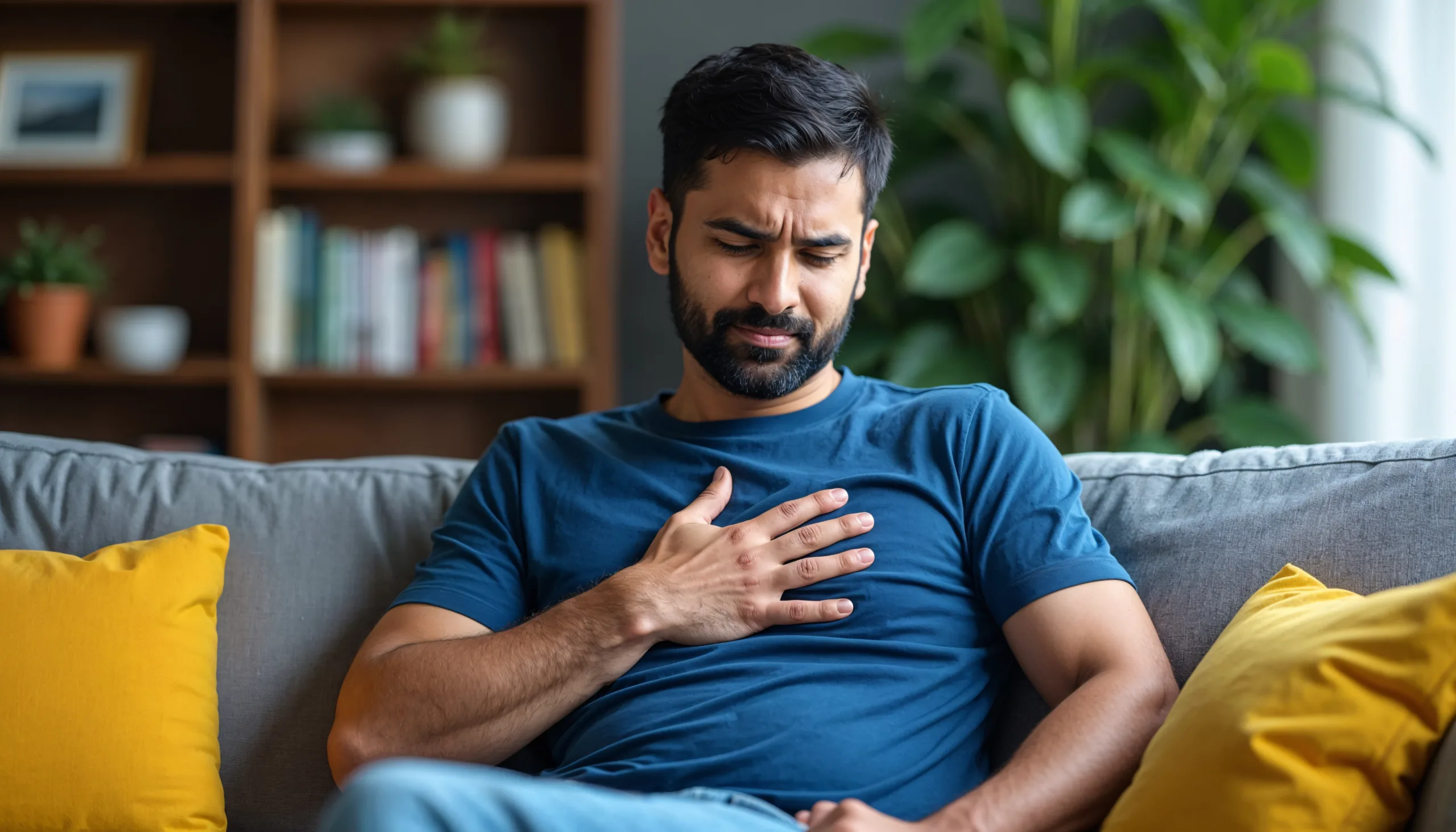 man with his chest open is sitting couch with his hands his chest scaled
