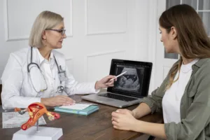 medium shot doctor explaining ultrasound