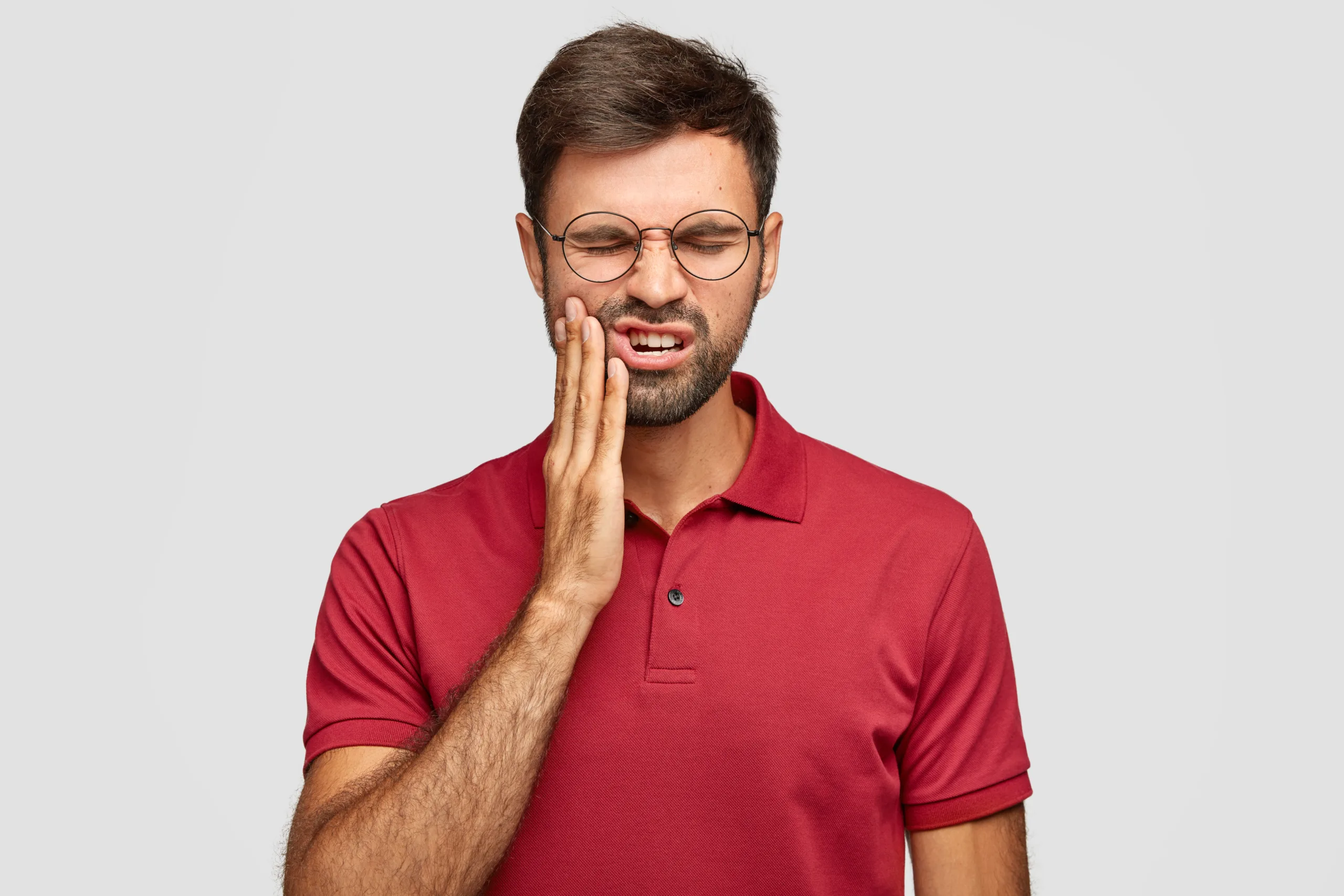 photo caucasian man suffers painful toothache has rotten tooth needs visit dentist scaled