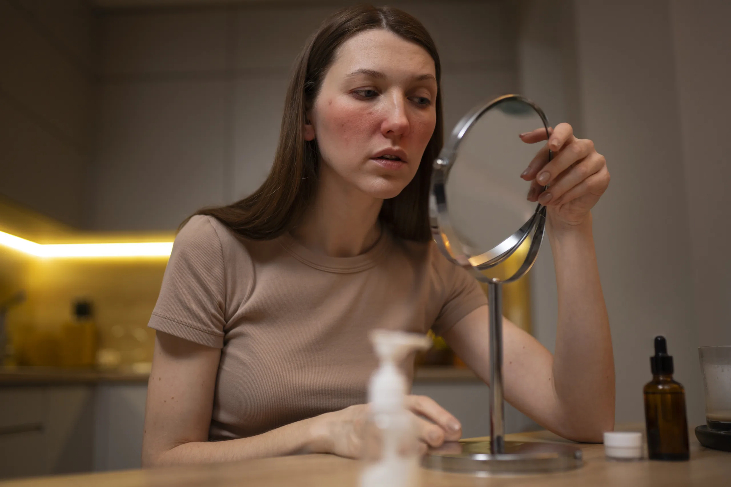 woman looking her rosacea mirror 1 scaled
