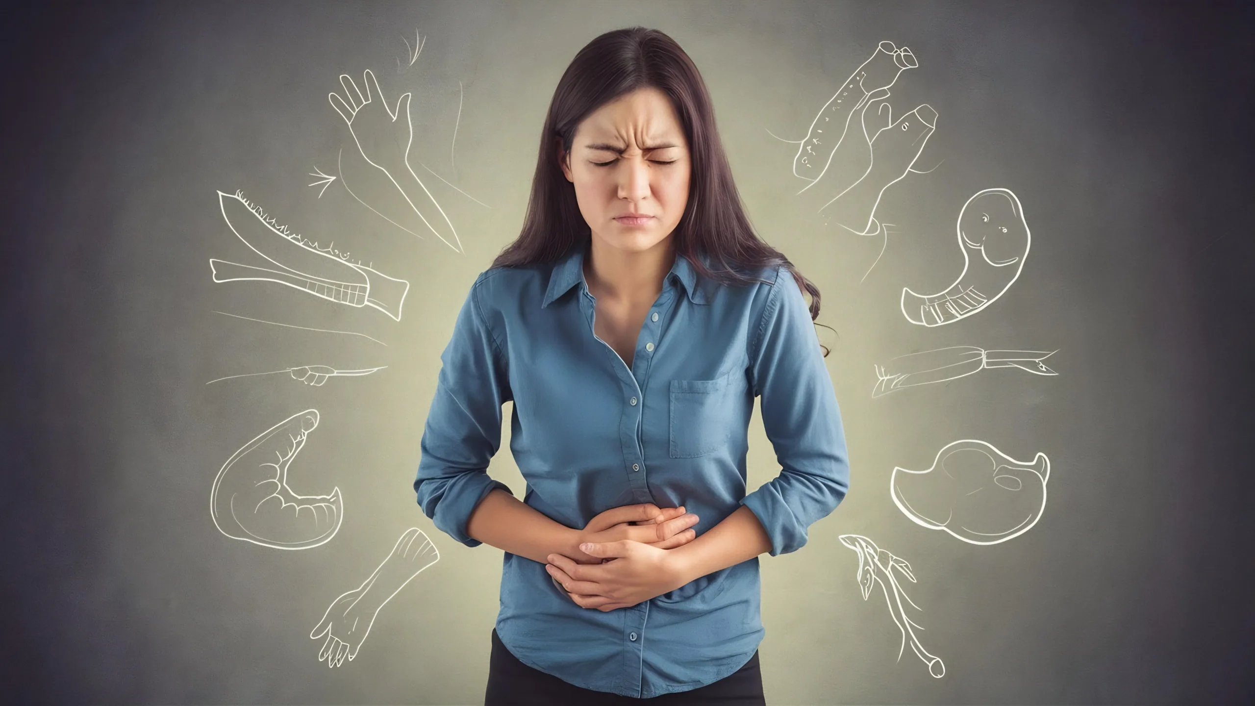 woman standing against gray background having stomach ache scaled